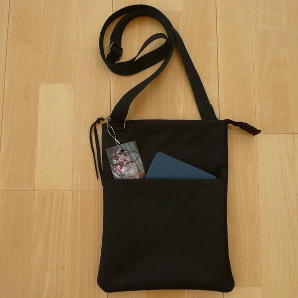 Leather crossbody bag dark matt brown shoulder bag zip top unisex bag