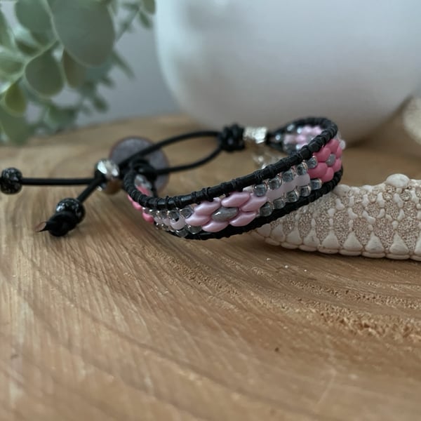 Leather beaded adjustable wrap charm bracelet