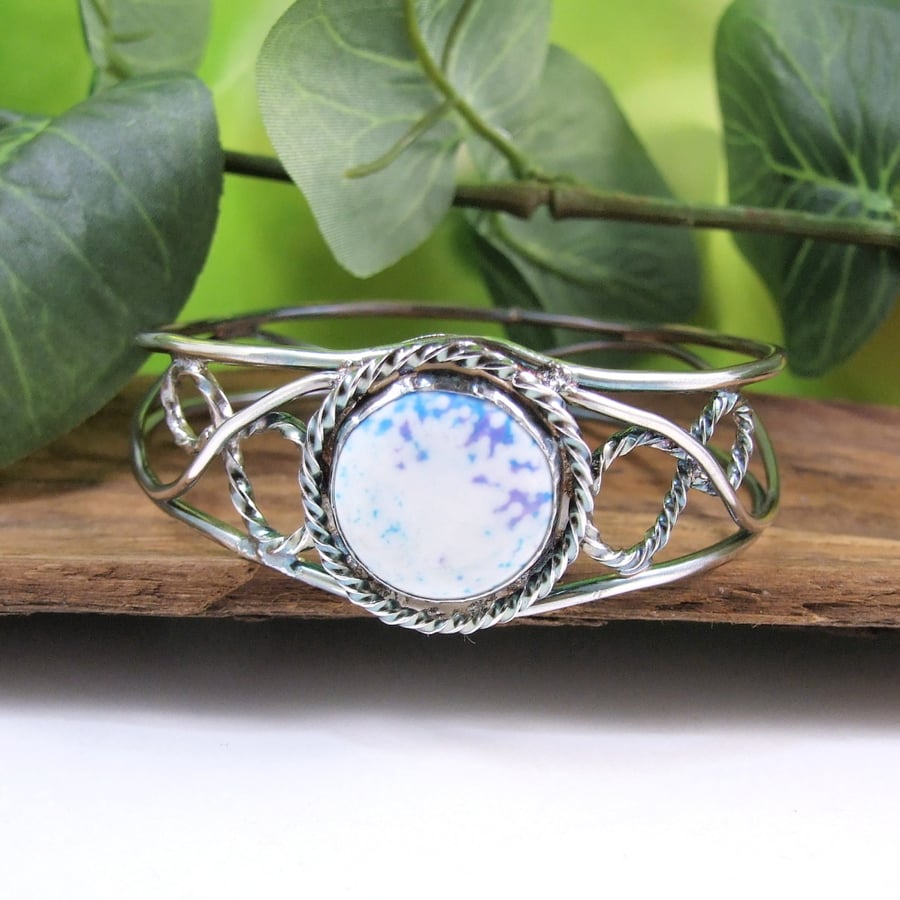 Sterling Silver Twisted Filigree Bangle with Turquoise and Purple Howlite.