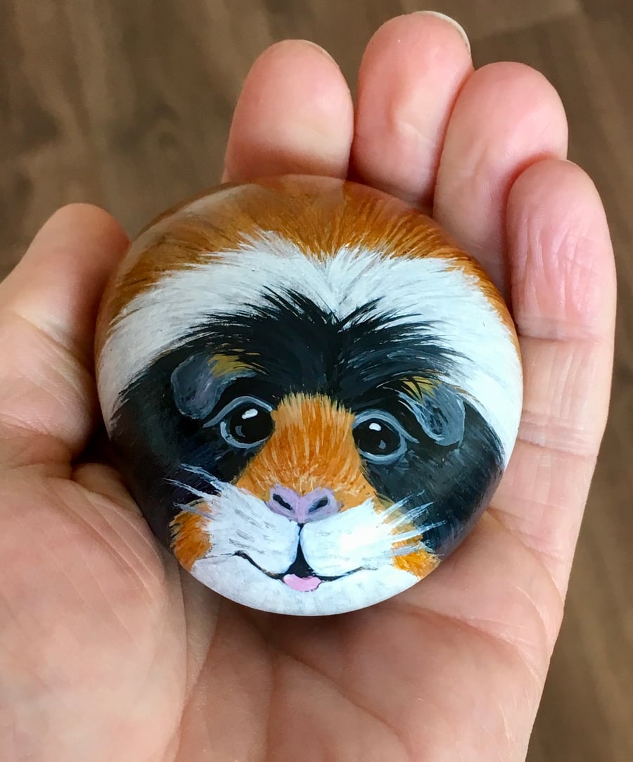 Guinea pig hand painted pebble rock art pet portrait 