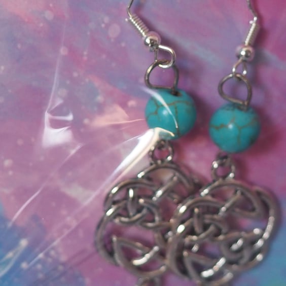 Turquoise Beaded Dangle Earrings with Celtic Charms and Feathers