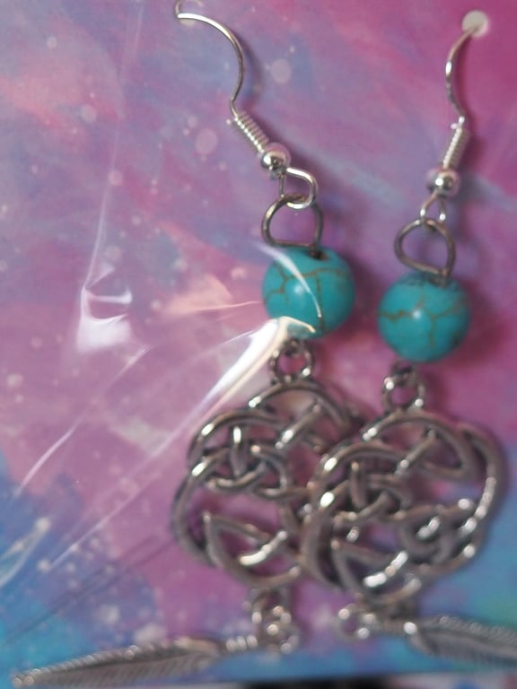 Turquoise Beaded Dangle Earrings with Celtic Charms and Feathers