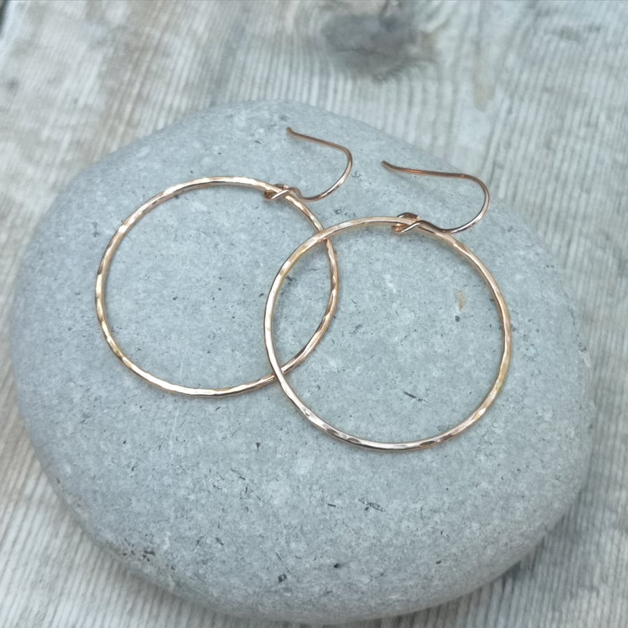 Rose Gold (Red Gold) Large Hammered Circle Hoop Earrings