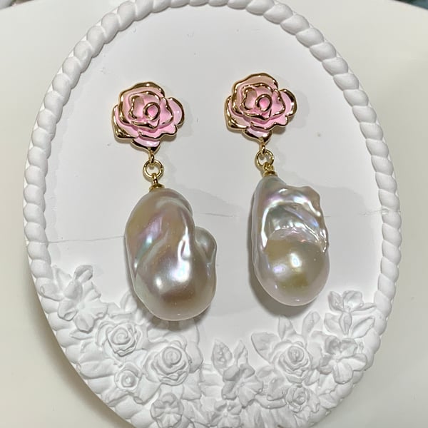 Large Baroque Pear Earrings with Pink Rose 