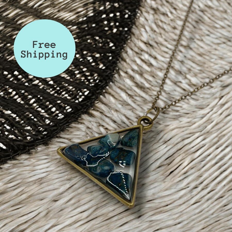 Chrysocolla Brass plated Triangle Worry Stone Necklace - Free Postage