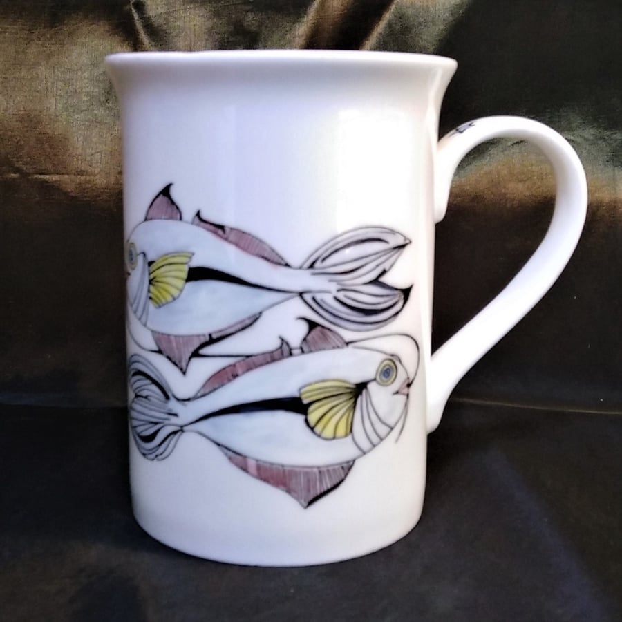 Zodiac astrology mug white china hand decorated Pisces the fishes.