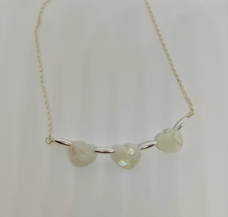 Moonstone Heart Trio and Sterling Silver Necklace