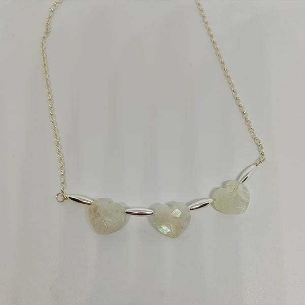 Moonstone Heart Trio and Sterling Silver Necklace