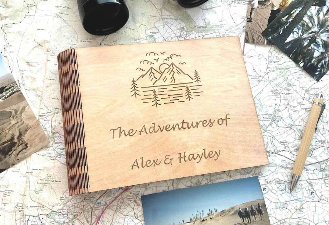 The Adventures of Scrapbook with Mountain Design Wooden Personalised Photo Album