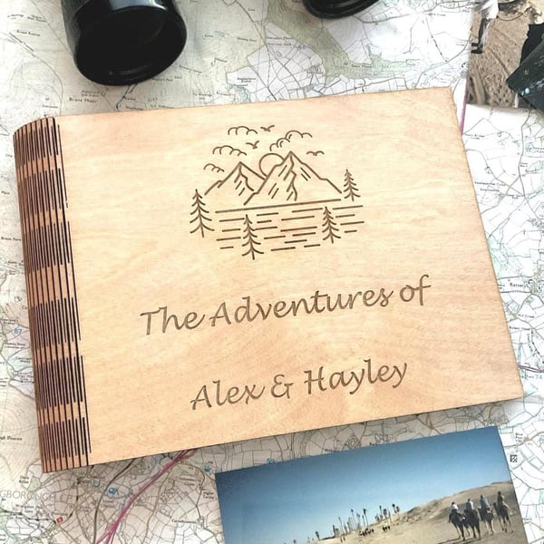 The Adventures of Scrapbook with Mountain Design Wooden Personalised Photo Album