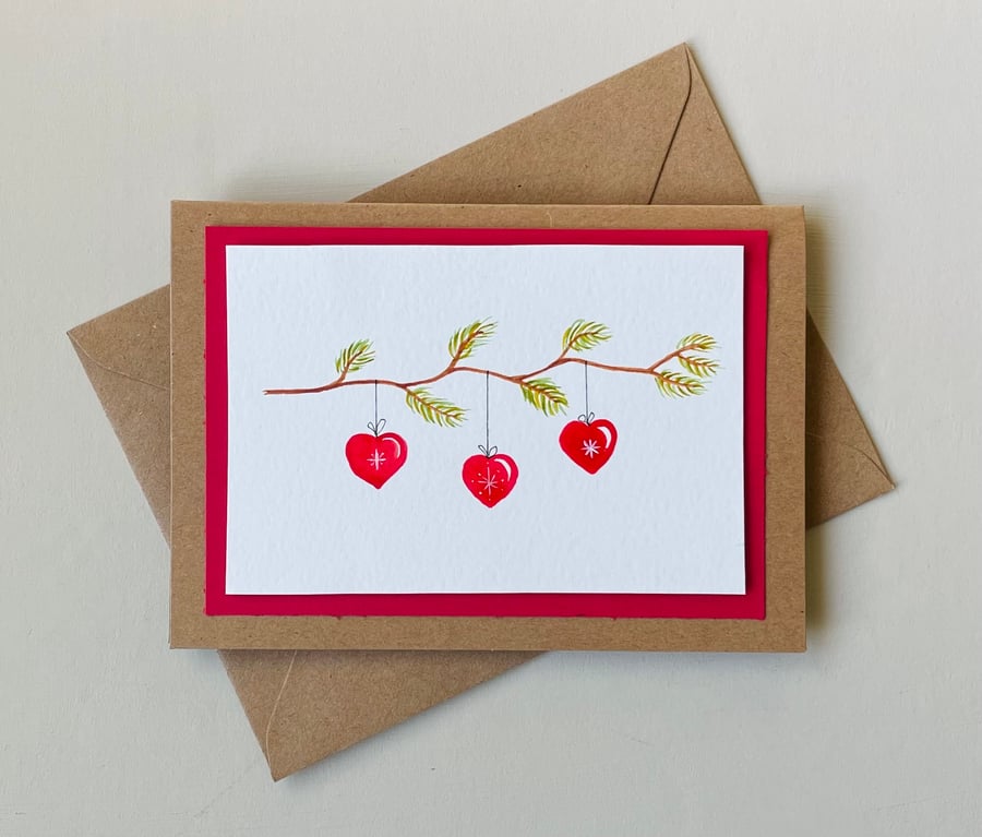 Seconds Sunday Christmas  card, original red scandi style love heart baubles 