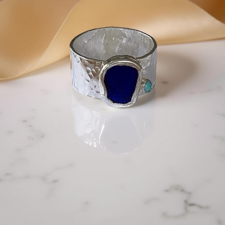 Silver Sea Glass Ring With Turquoise