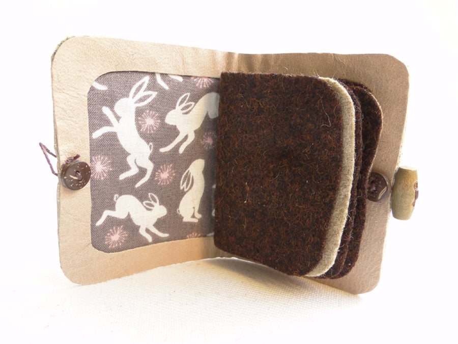 Needle Case - Soft Cream Leather - Hare Fabric - Needle Book - Sewing Gift