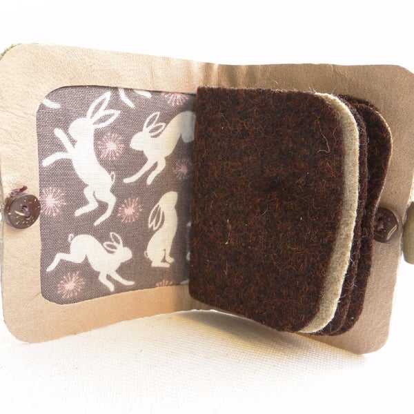 Needle Case - Soft Cream Leather - Hare Fabric - Needle Book - Sewing Gift