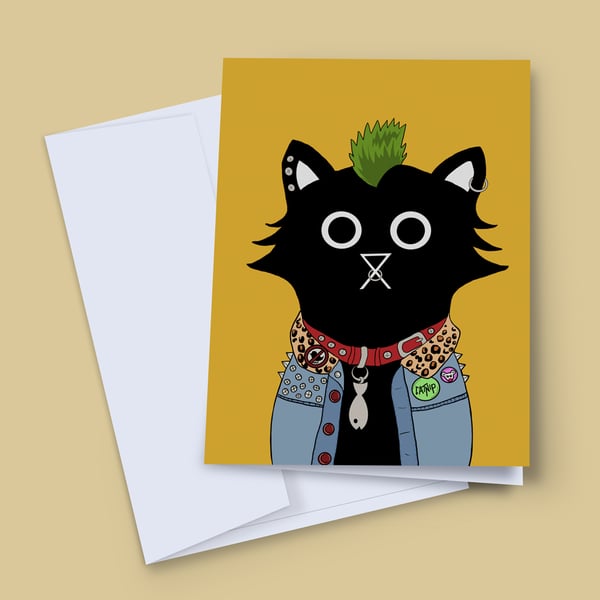 Punk Cat Blank Greeting Card, Cat Birthday Card, Black Cat Card