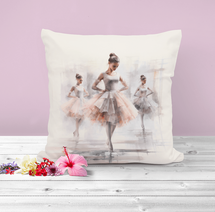Ballerina Cushion in soft pastel shades, watercolours, trio of ballerina,s .