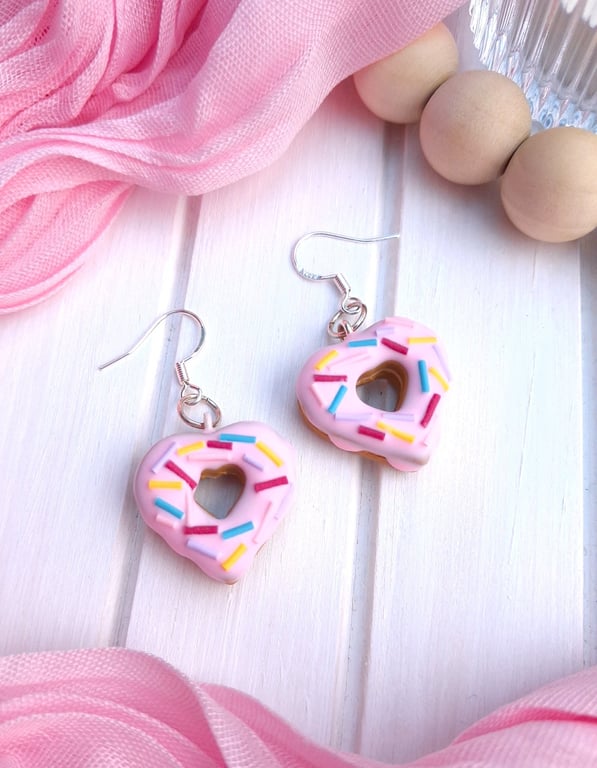 Heart Doughnut Dangle Earrings, Miniature Food, Accessories & Gifts