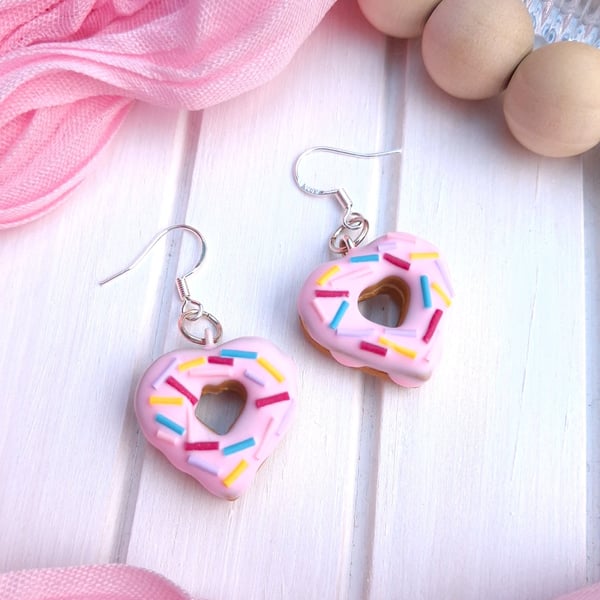 Heart Doughnut Dangle Earrings, Miniature Food, Accessories & Gifts