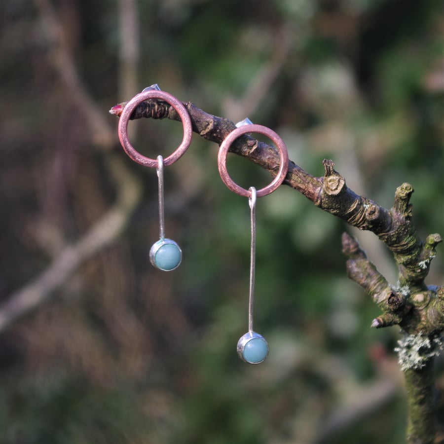 Mismatched Earrings with Copper Circles and Amazonite Gems