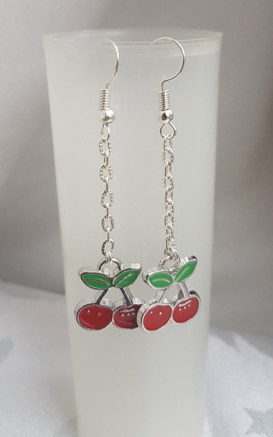 Gorgeous Dangly Cherries Earrings - Silver tones.
