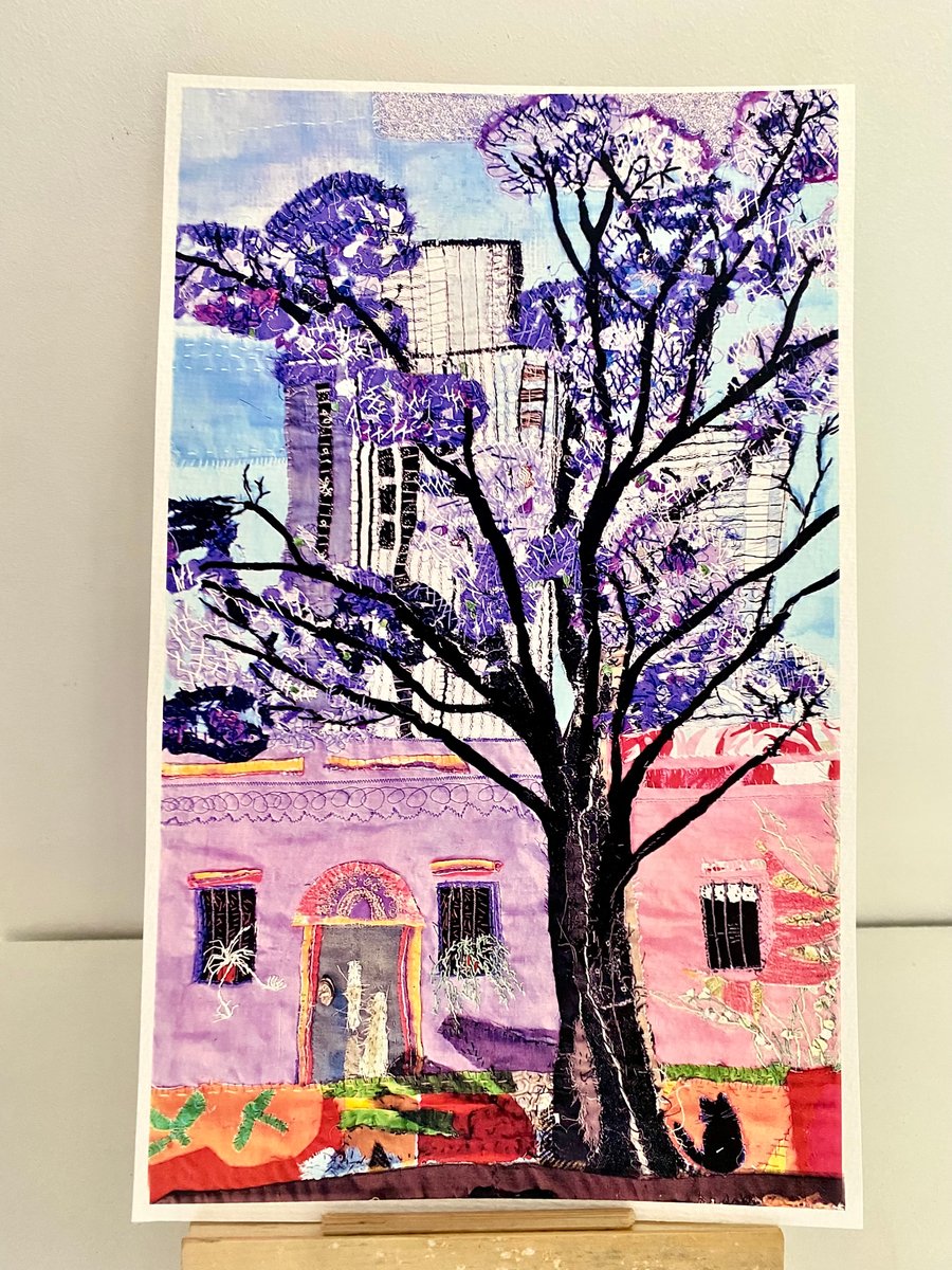 On the street, original art print of an embroidered textile collage