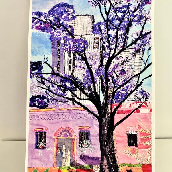 On the street, original art print of an embroidered textile collage