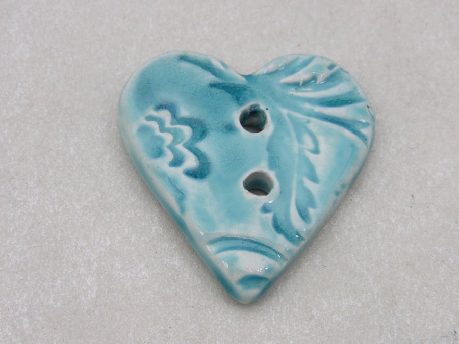 Medium Aqua Blue Brocade Texture Heart Shaped Ceramic Button