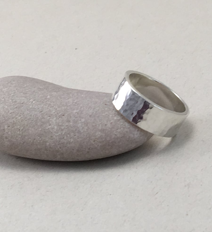 8mm Wide Hammered Sterling Silver Ring
