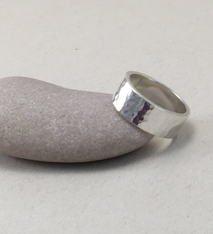 8mm Wide Hammered Sterling Silver Ring