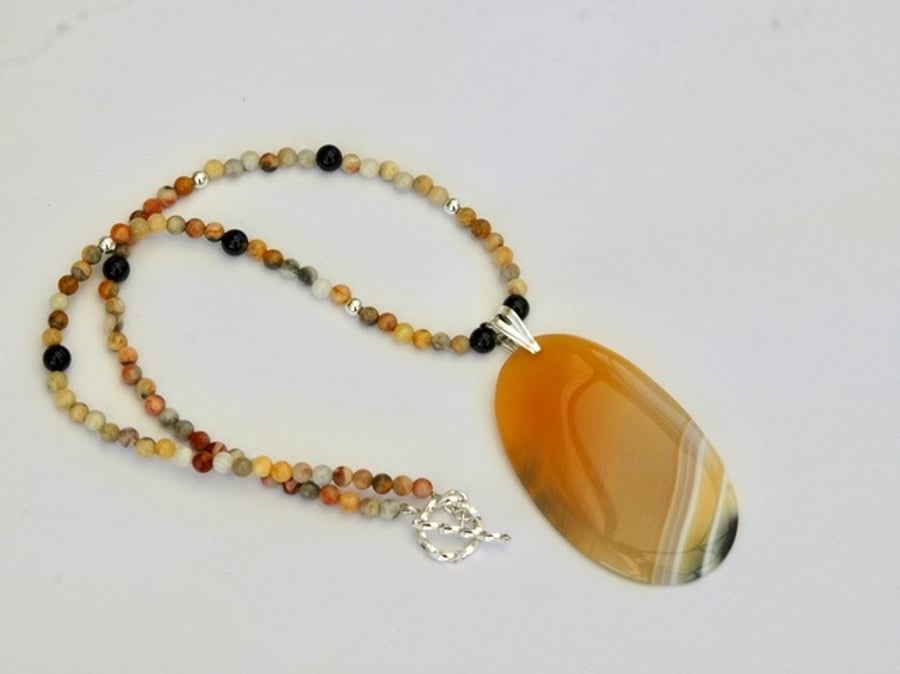 Striped Agate Pendant Necklace with Sterling Silver,  P158
