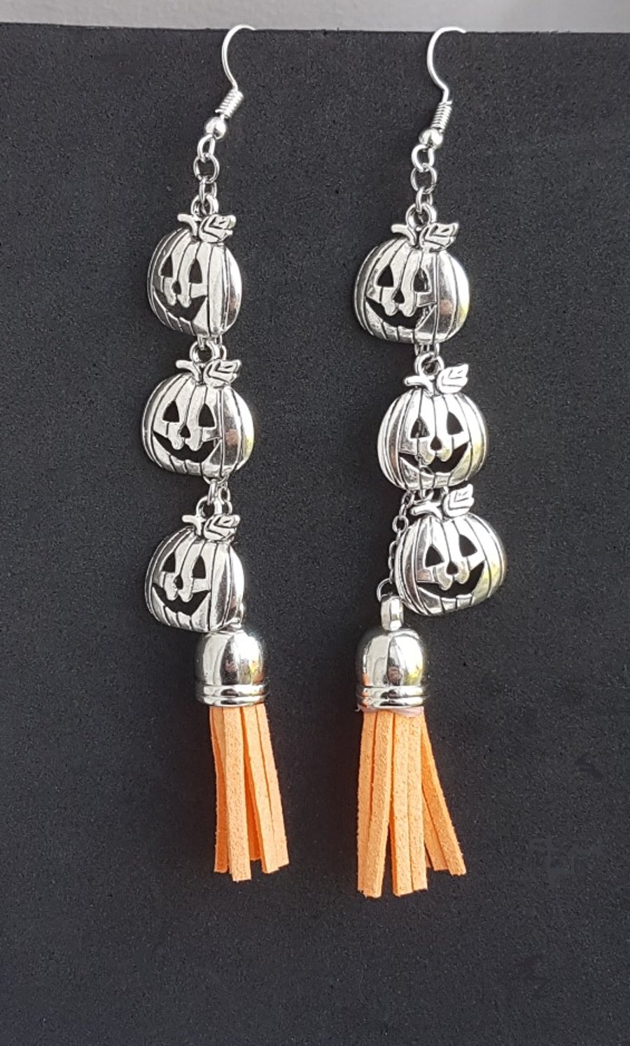 Pumpkin Spice Dangly Triple Pumpkin Charm Earrings - Light Orange Tassel