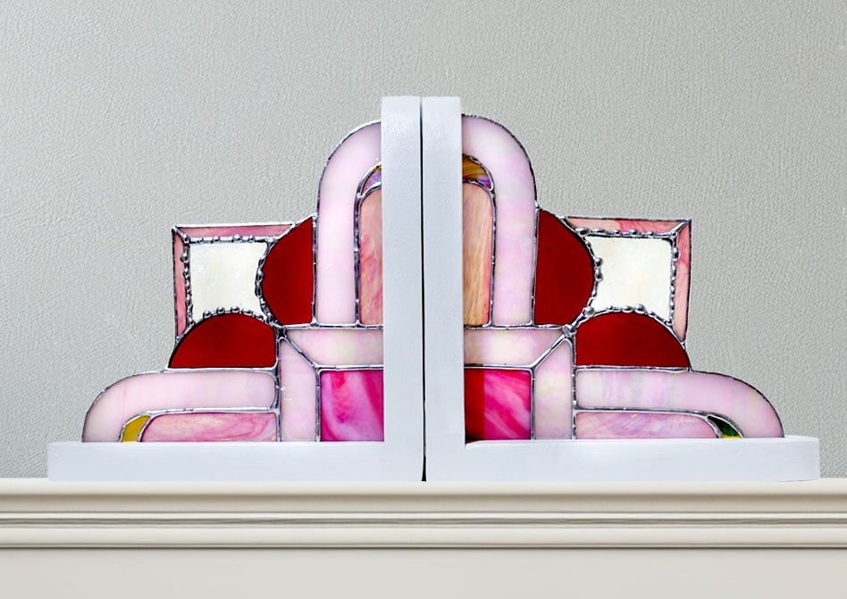 Artisan Bookends Window Ornaments Suncatchers Pink Art Deco Stained Glass 