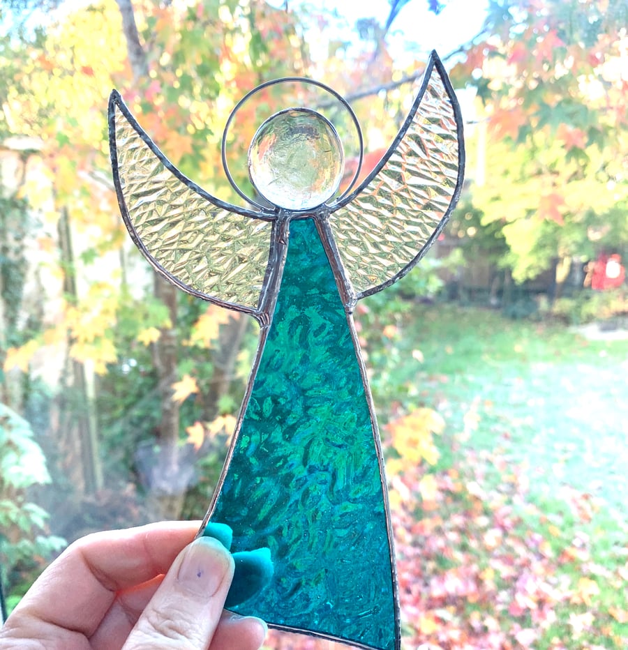 Stained Glass Large Angel Suncatcher - Handmade Decoration - Turquoise 