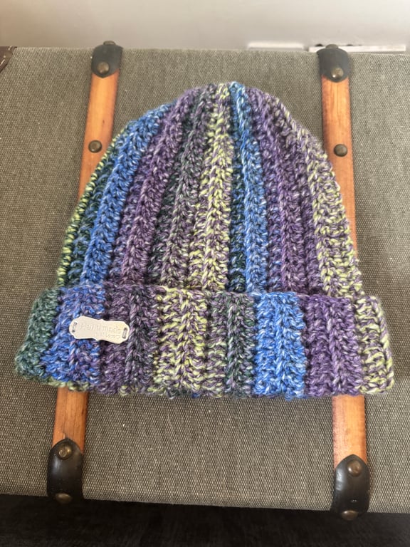 Handmade Crochet Beanie Hat – Blue, Purple & Green Mix