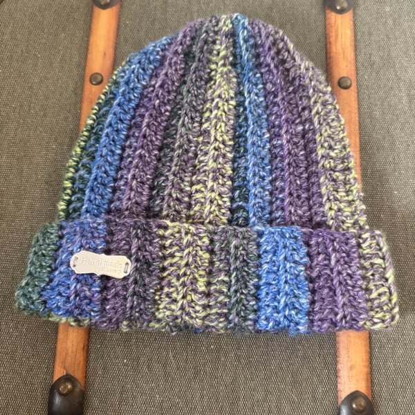 Handmade Crochet Beanie Hat – Blue, Purple & Green Mix