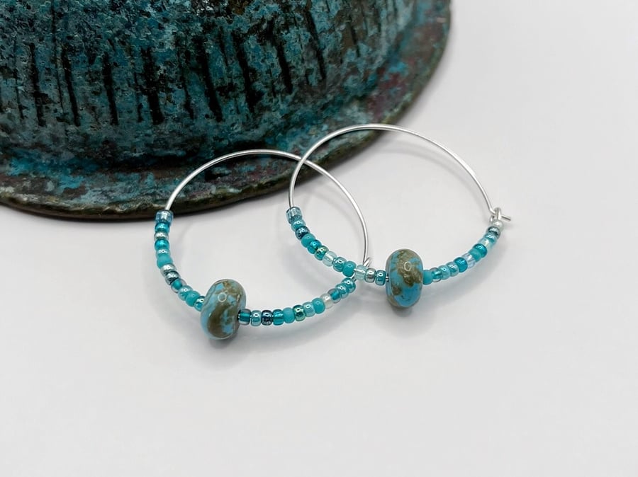 Sterling Silver Hoops with Turquoise Bead and Turquoise Mix Seed Beads - 30mm