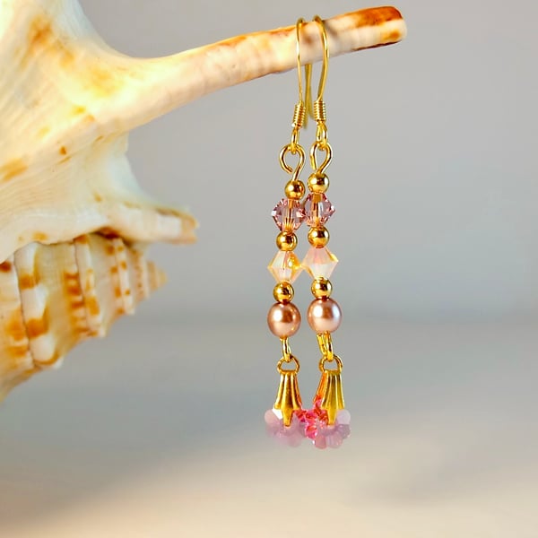 Glass Pearl & Swarovski Crystal Earrings, Pink, Lilac & Gold- Handmade In Devon