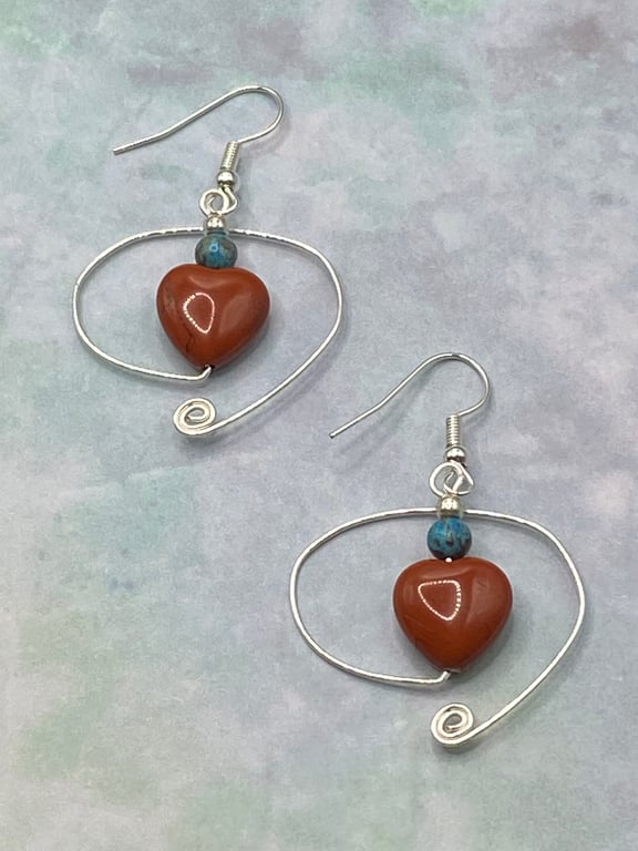 Silver plated spiral earrings with red jasper hearts and terra jasper stones