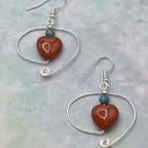 Silver plated spiral earrings with red jasper hearts and terra jasper stones