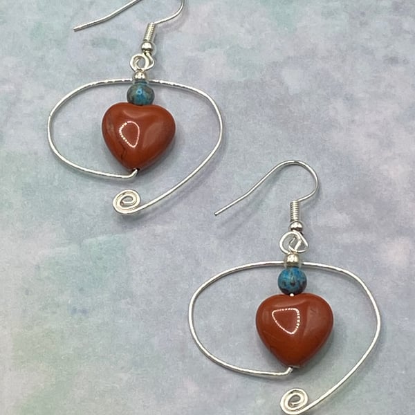 Silver plated spiral earrings with red jasper hearts and terra jasper stones