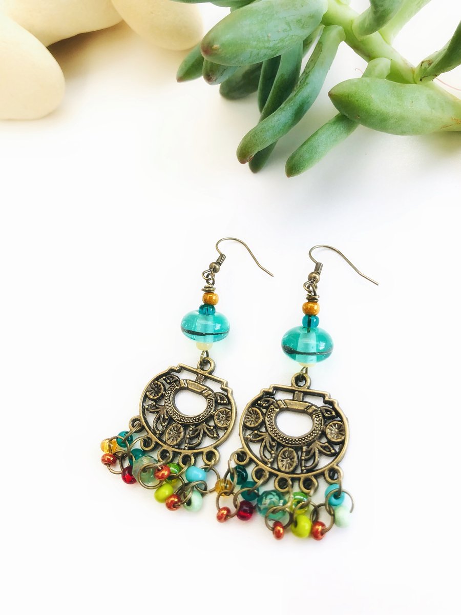 Colorful Glass Bead Earrings on stylish Antique Bronze Pendant