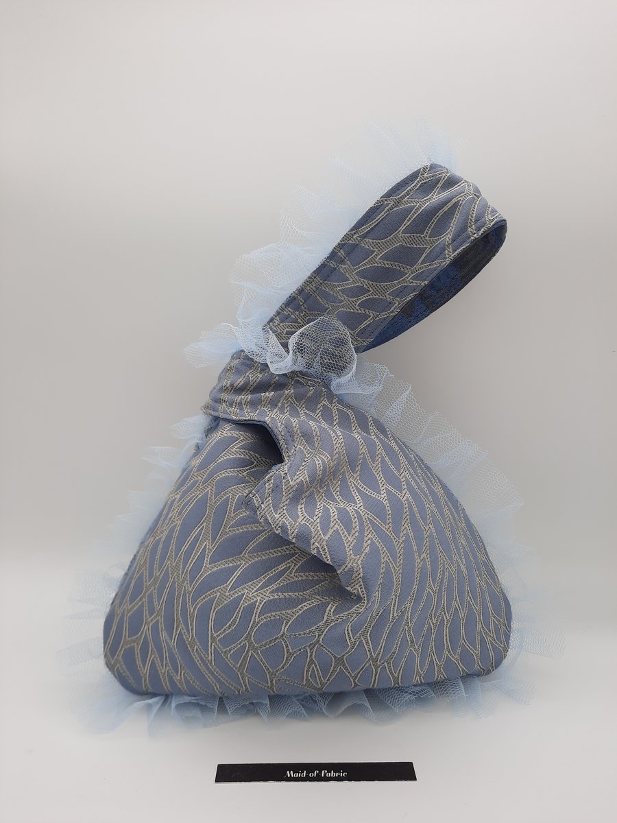 Knot bag with blue tulle frills, reversible,  size small evening bag.