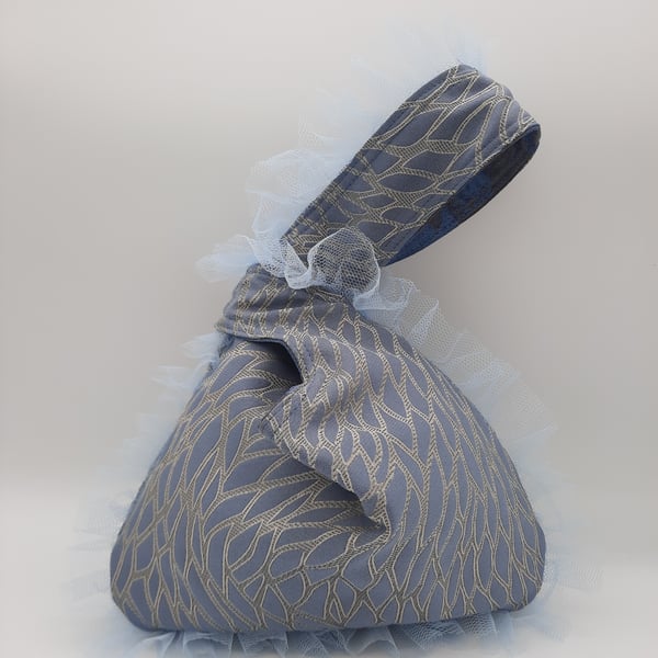 Knot bag with blue tulle frills, reversible,  size small evening bag.