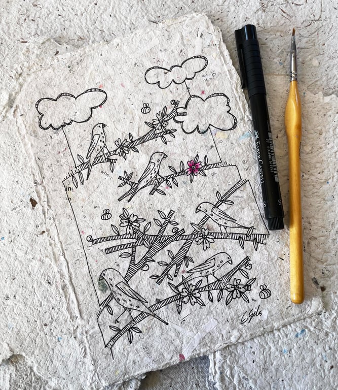 In the blossom tree - Original illustration on handmade paper, 