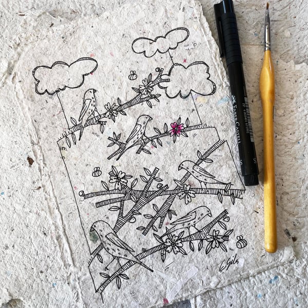 In the blossom tree - Original illustration on handmade paper, 