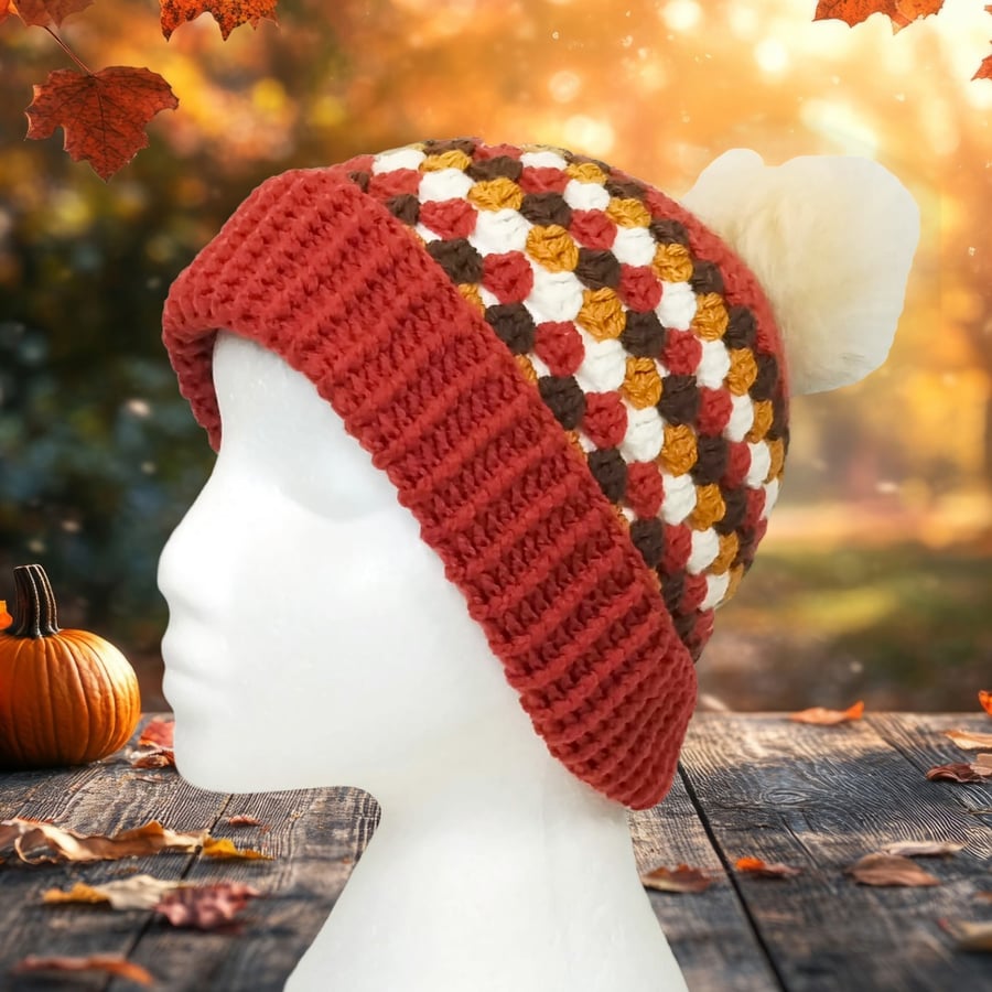 Crochet hat, beanie. Copper, gold, brown and cream granny stitch pom pom hat.