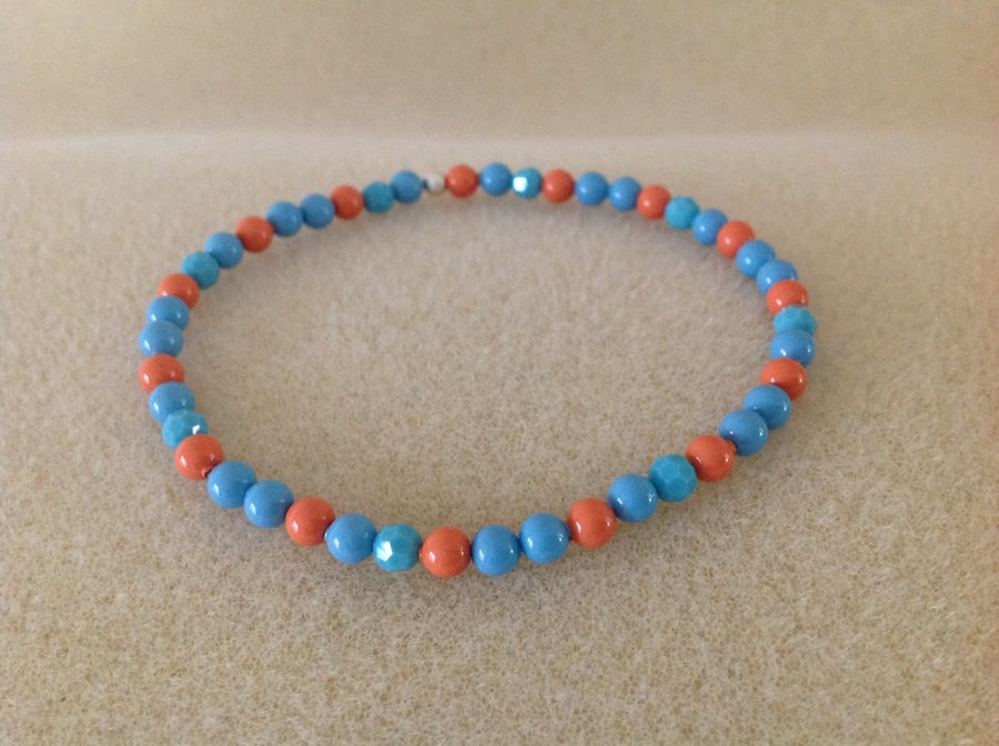 Turquoise and Coral colour pearl beaded dainty bracelet
