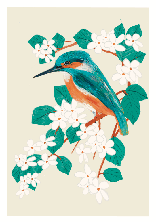 Bird art print Kingfisher and Blossoms