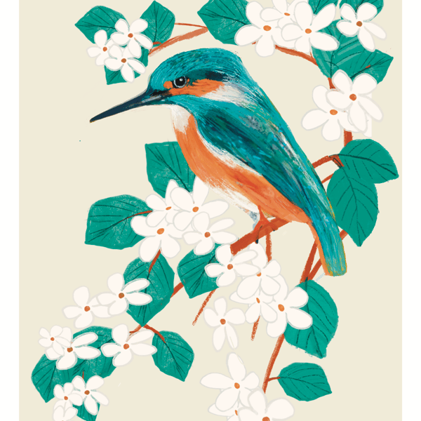 Bird art print Kingfisher and Blossoms
