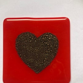Handmade Red Fused Glass Coaster with Brass Foil Heart detail